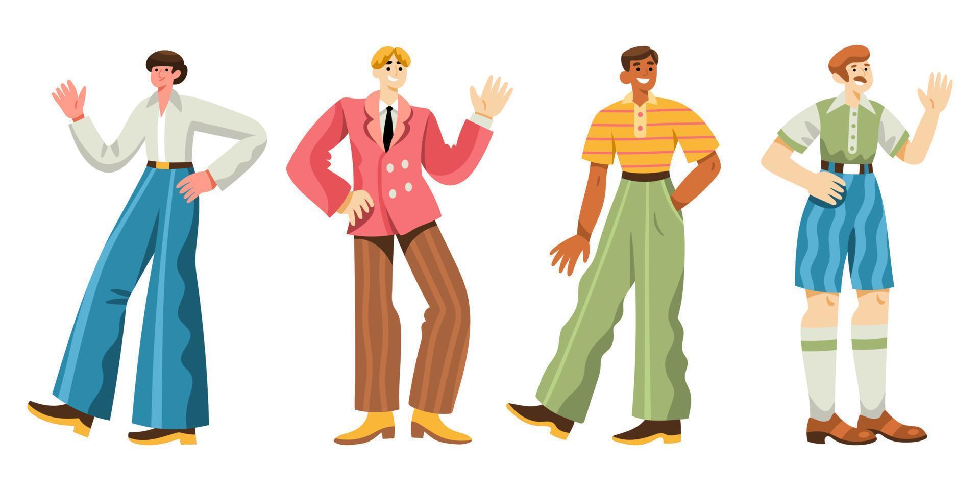 diversos hombres alegres con ropa retro de los años 60 o 70 caminando, de pie, agitando las manos vector