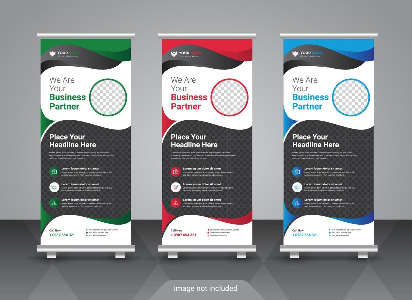 Corporate colorful roll up standee banner design template vector