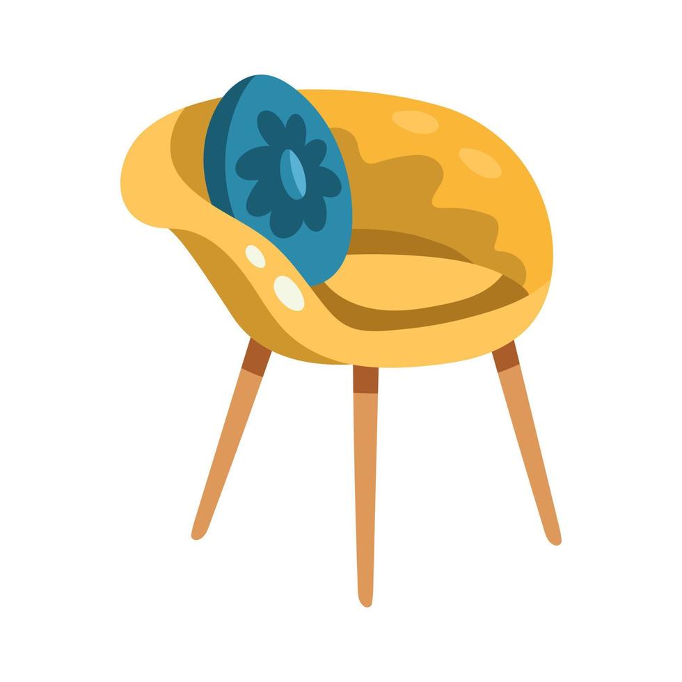 sillón retro de tela amarilla con patas de madera y cojín redondo azul, mobiliario moderno de mediados de siglo. vector