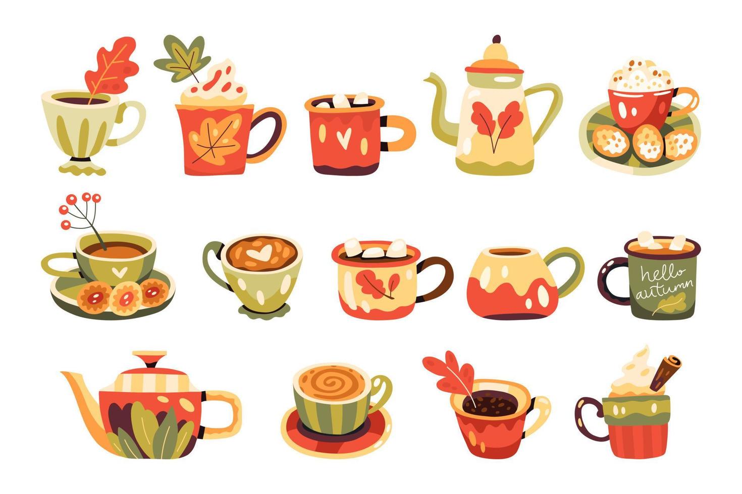 juego de tazas de otoño con bebidas calientes, cacao, café, té y teteras decoradas con hojas vector