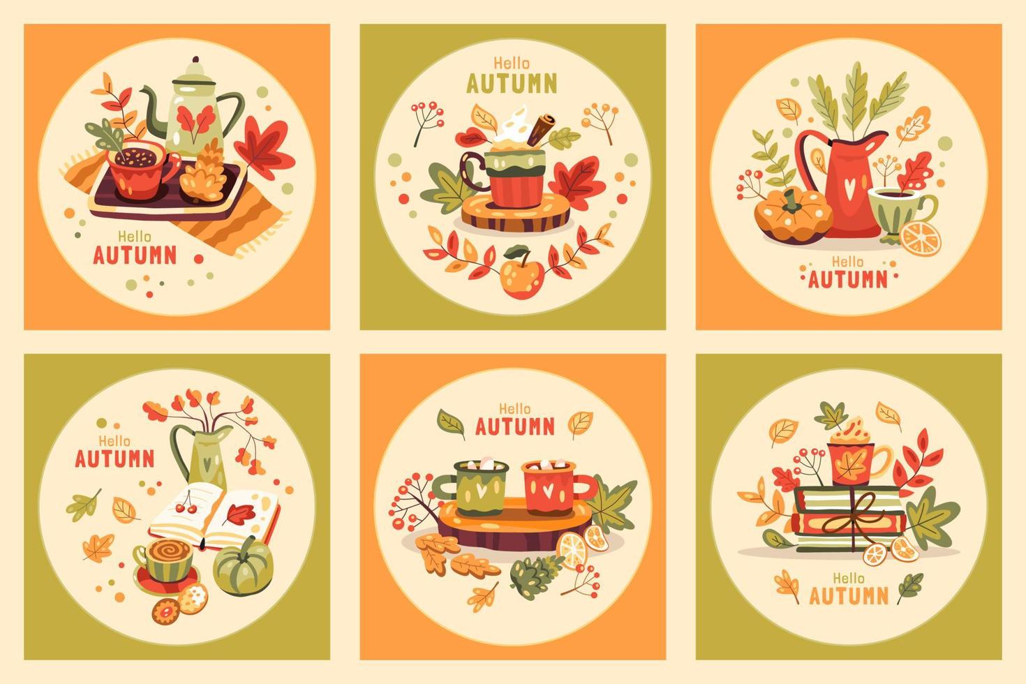 conjunto de ilustraciones de otoño con bebidas calientes, libros, hojas, calabazas y texto vector