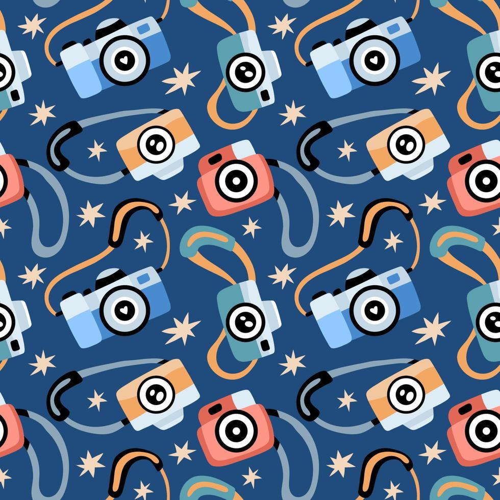 Seamless pattern with various photo cameras and stars vector