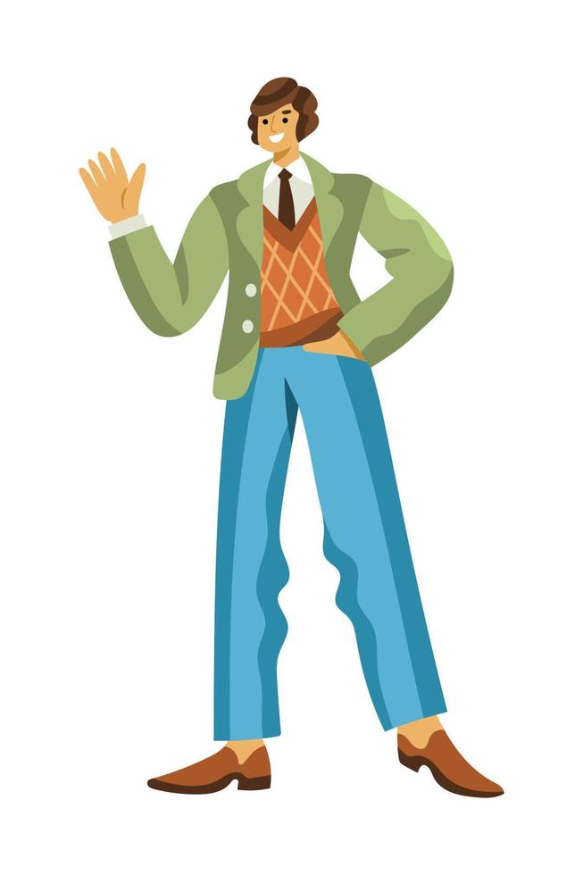 Cheerful man in retro 1960s or 1970s clothes walking and waving hand vector