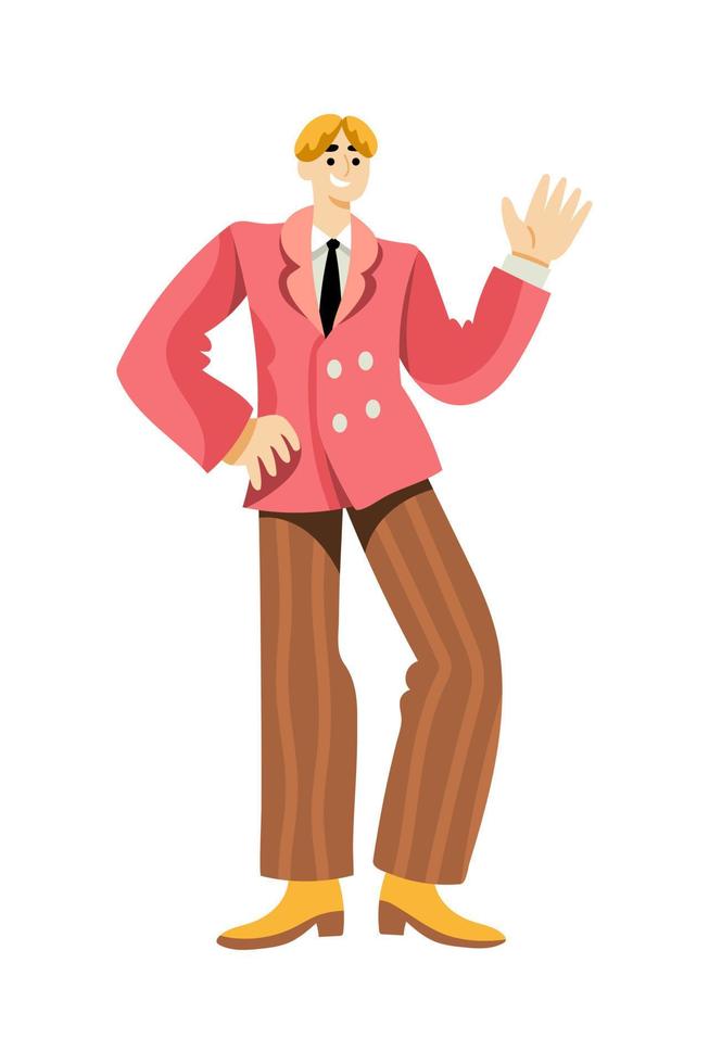 Cheerful man in retro 1960s or 1970s clothes walking and waving hand vector