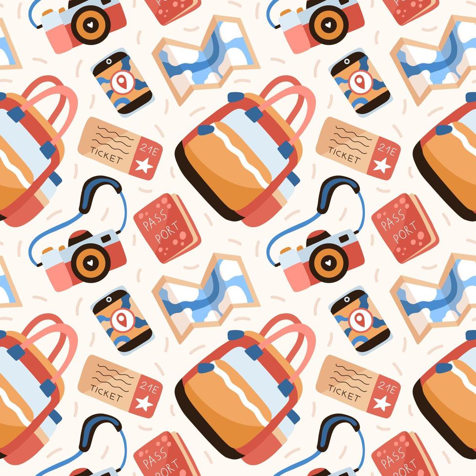 Seamless vector pattern with bag, photo camera, map, documents and smartphone