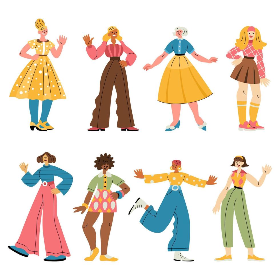 Diverse cheerful women in retro 1960s clothes walking, standing, waving hands vector