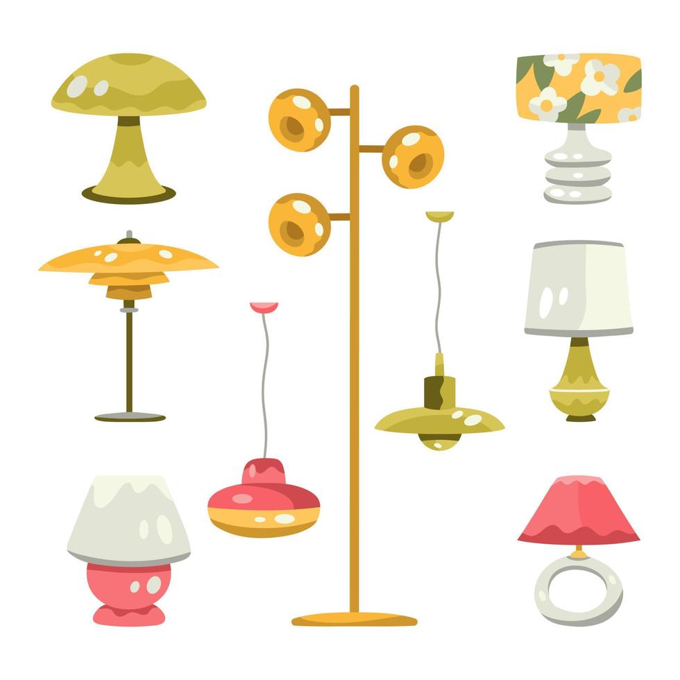 Set of retro bedside, desk and ceiling lamps from the 60s, mid-century modern decorative elements vector