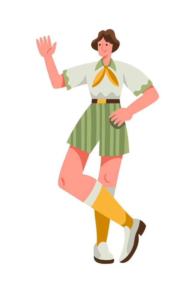 Cheerful man in retro 1960s or 1970s clothes standing and waving vector