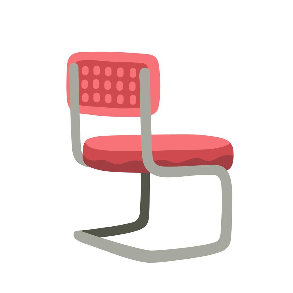 Retro pink chair with soft fabric surface and metal legs, mid-century modern furniture. vector