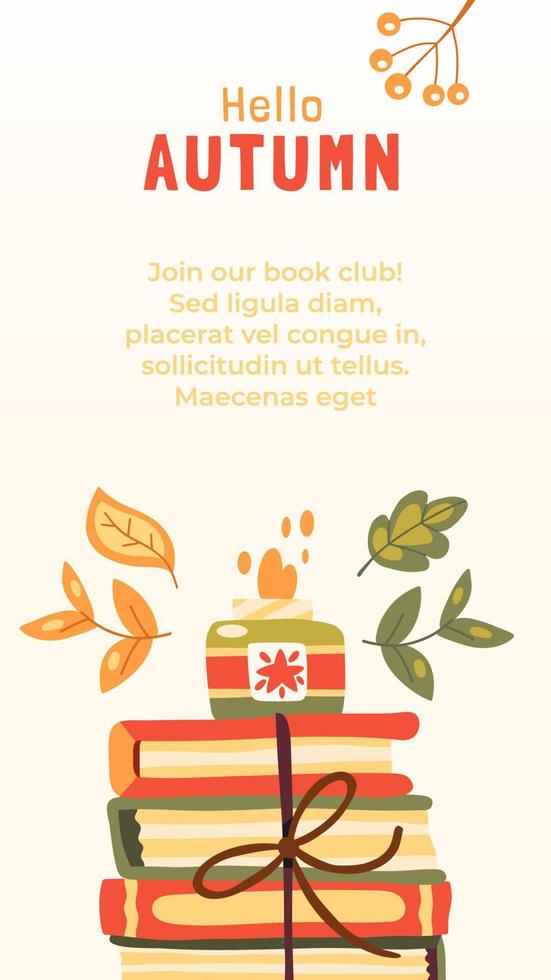 Vertical autumn background with books, burning candle and fall leaves vector