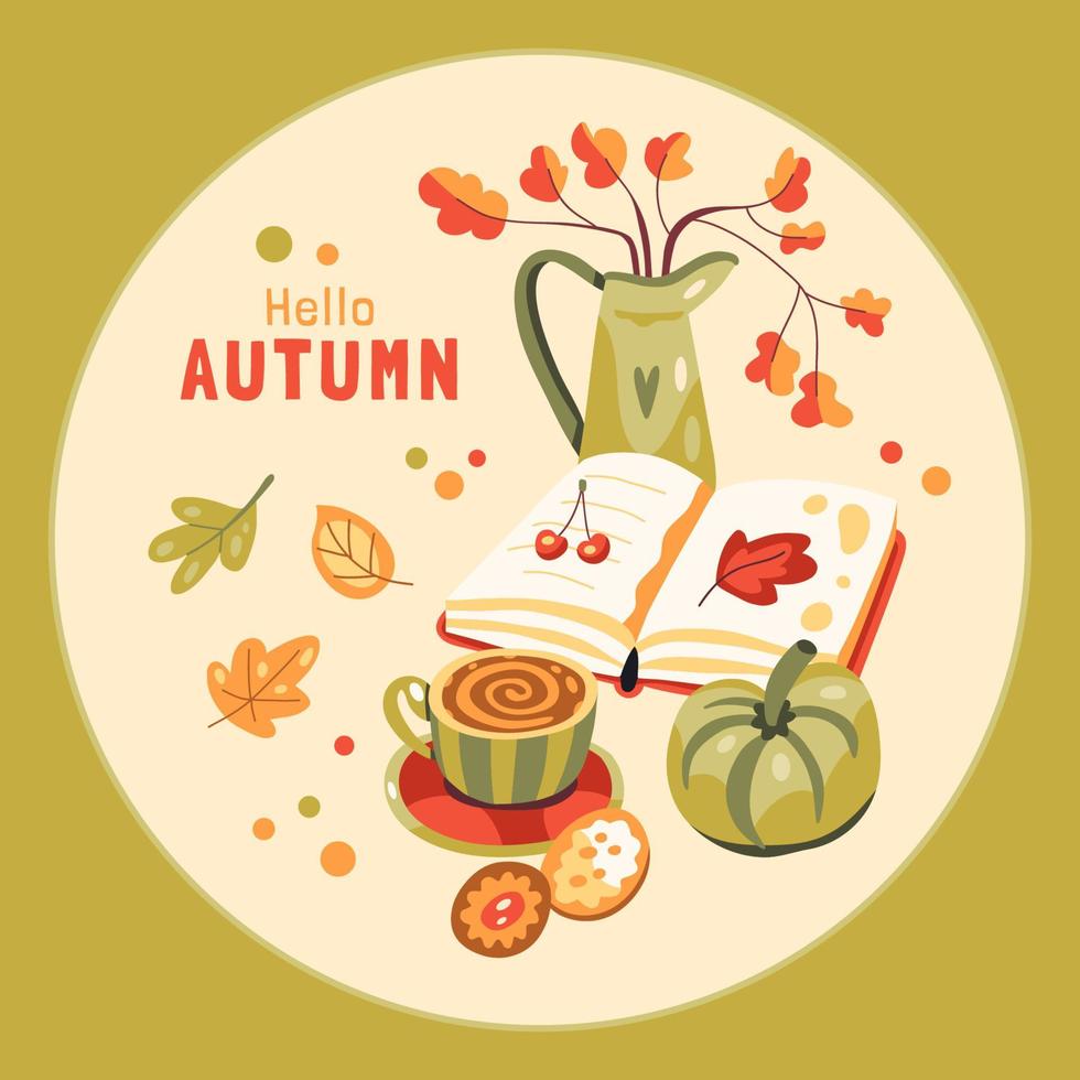 ilustración de otoño con un libro, café, calabaza, galletas y hojas vector