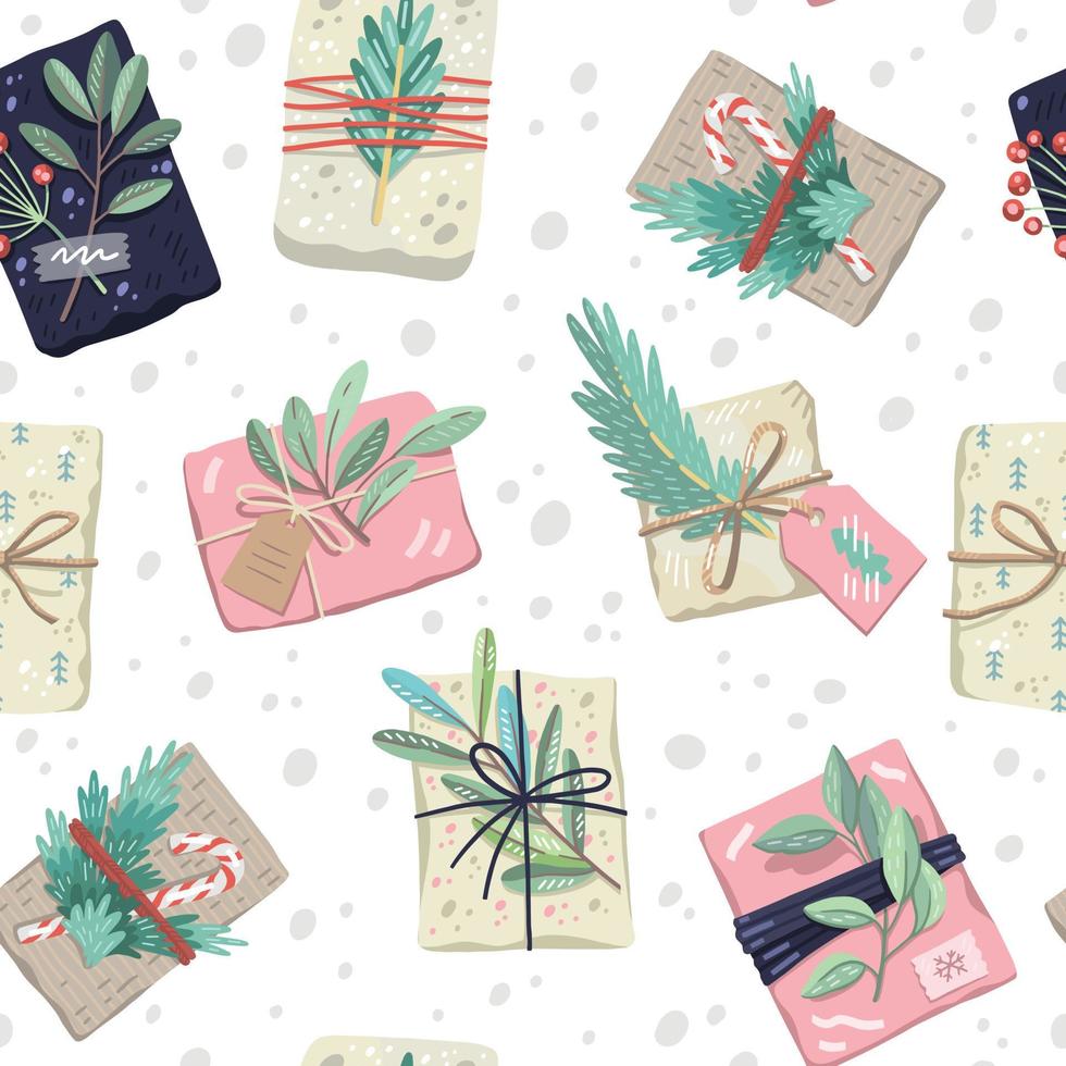 patrón impecable con regalos de navidad, decorado con plantas, cintas y papel de envolver reciclado vector