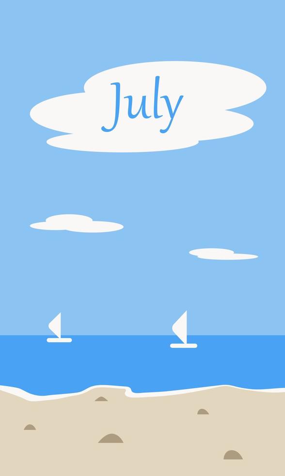 July. Summer landscape. Beach, sea, heat. suitable for postcards, calendars, promotional products. cartoon vector illustration