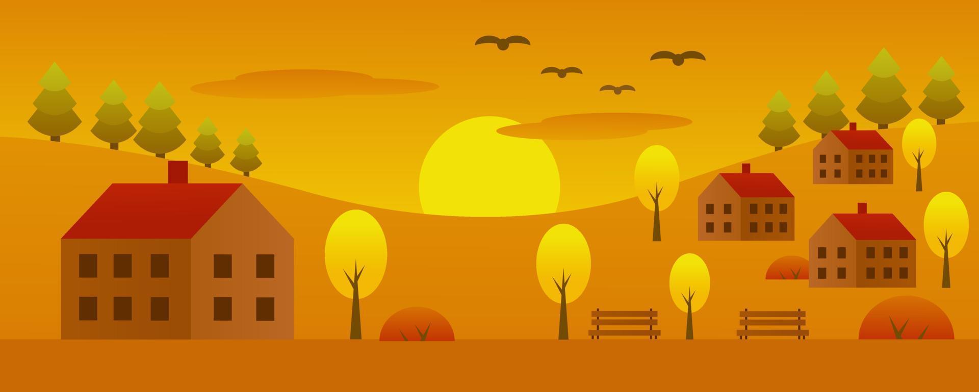 otoño. pueblo de otoño. casas, árboles, bancos. imagen en tonos amarillos. ilustración vectorial de dibujos animados. vector