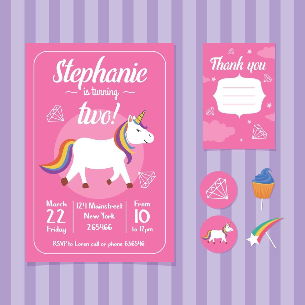 Unicorn Birthday Invitation Card Template vector