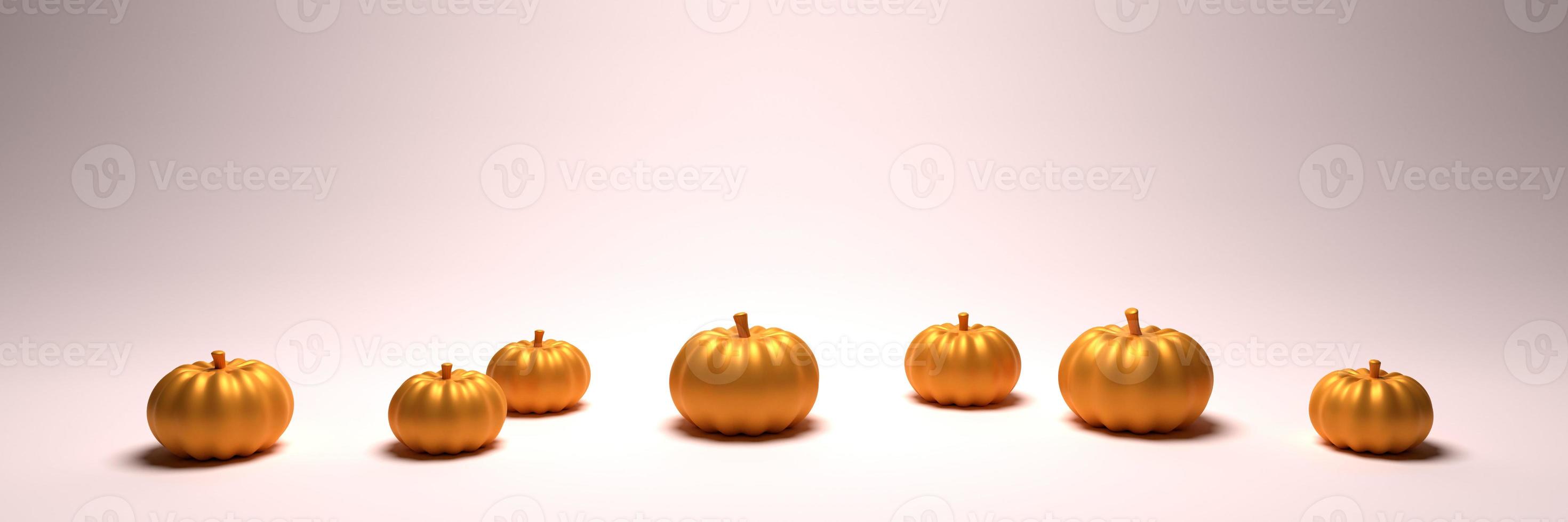 Realistic gold pumpkin on white background. Thanksgiving Halloween banner with the pumpkin fall. 3d rendering illustration. photo