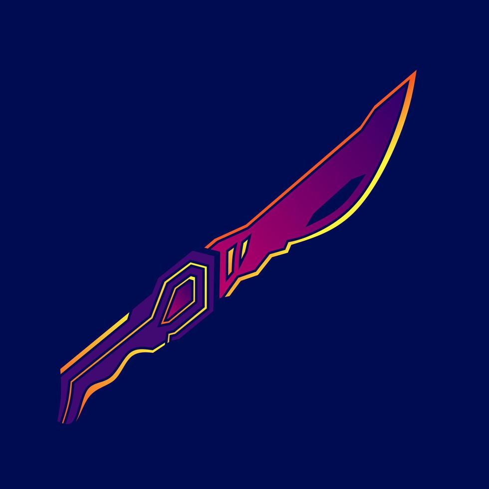 daga neón espada pequeña cyberpunk cuchillo logo ficción diseño colorido con fondo oscuro. Ilustración de vector de camiseta abstracta.