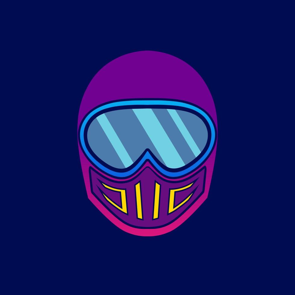 Retro helmet neon cyberpunk logo  fiction colorful design with dark background. Abstract t-shirt vector illustration.