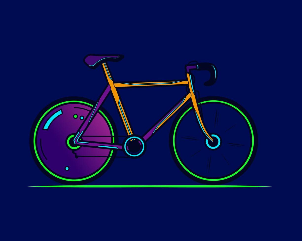 bicicleta neón cyberpunk logo ficción diseño colorido con fondo oscuro. Ilustración de vector de camiseta abstracta.