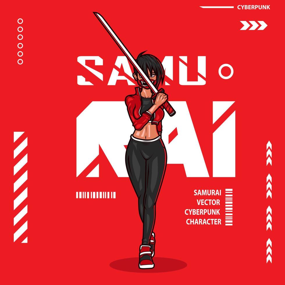 Samurai woman cyberpunk fiction t-shirt colorful design. Abstract vector illustration.