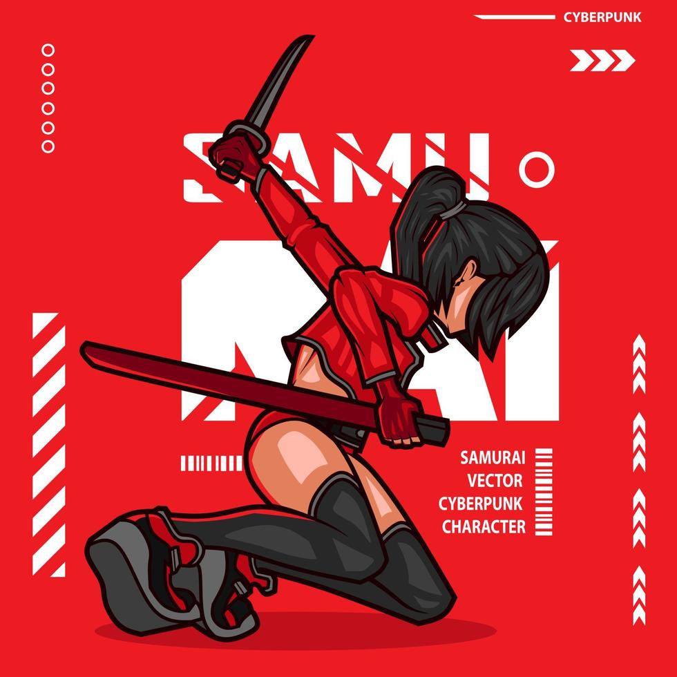 Samurai woman cyberpunk fiction t-shirt colorful design. Abstract vector illustration.