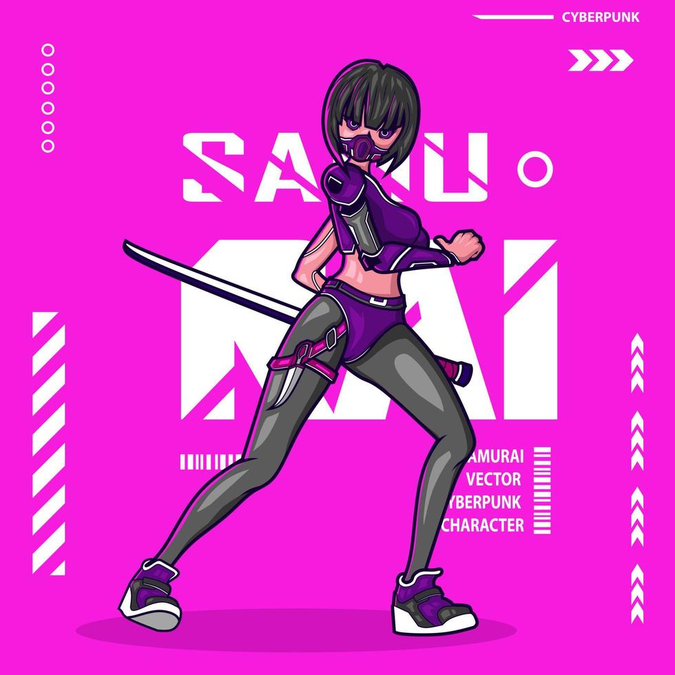 Camiseta de ficción cyberpunk de mujer samurái con diseño colorido. ilustración vectorial abstracta. vector