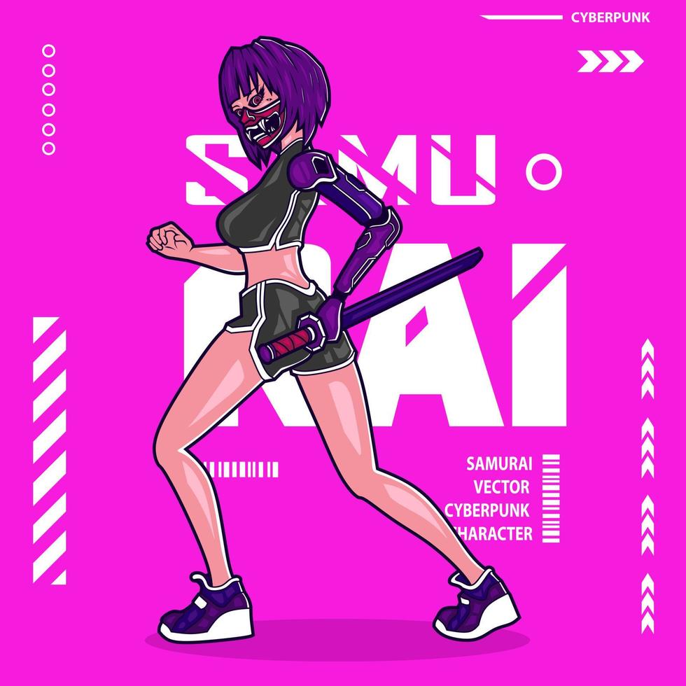 Samurai woman cyberpunk fiction t-shirt colorful design. Abstract vector illustration.