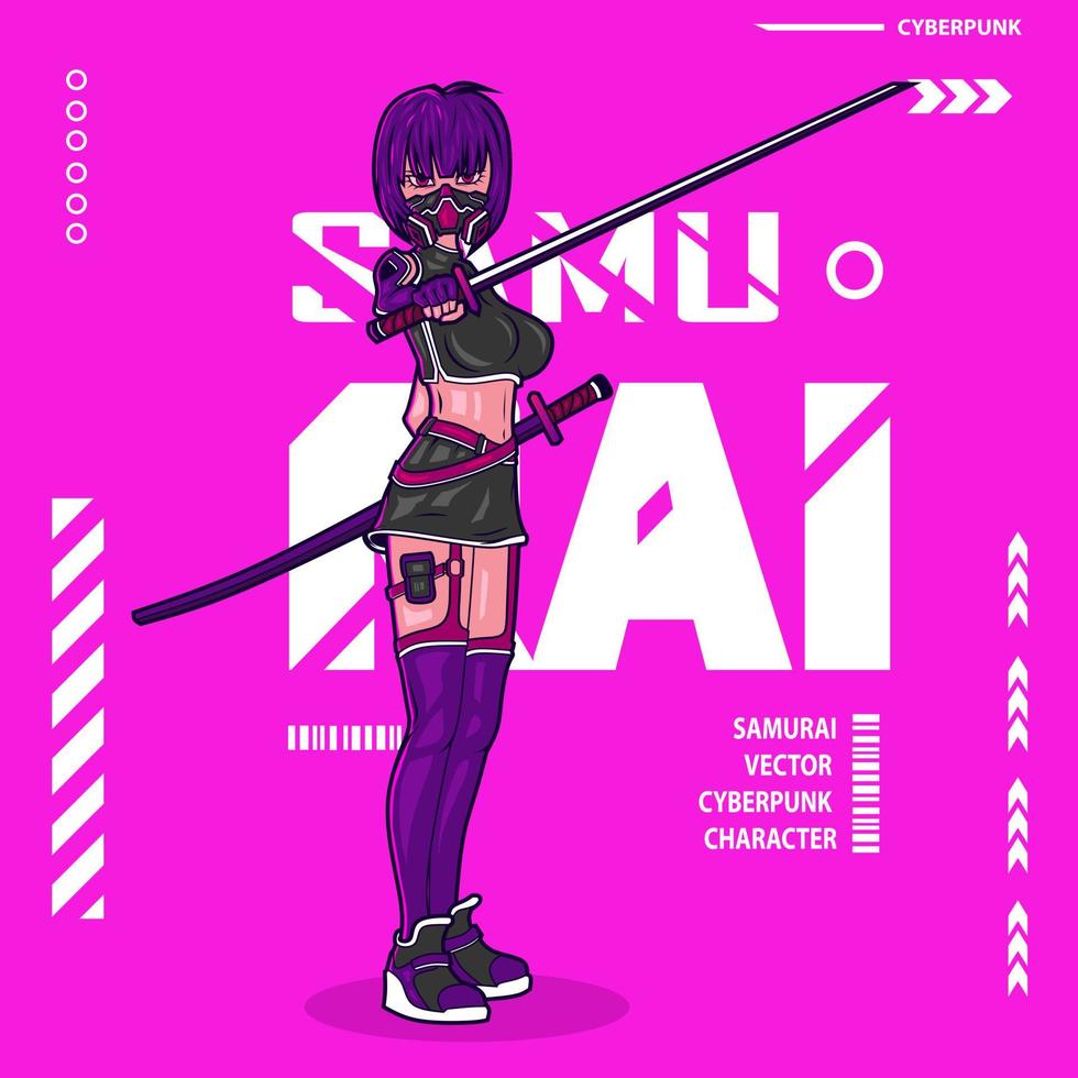 Samurai woman cyberpunk fiction t-shirt colorful design. Abstract vector illustration.