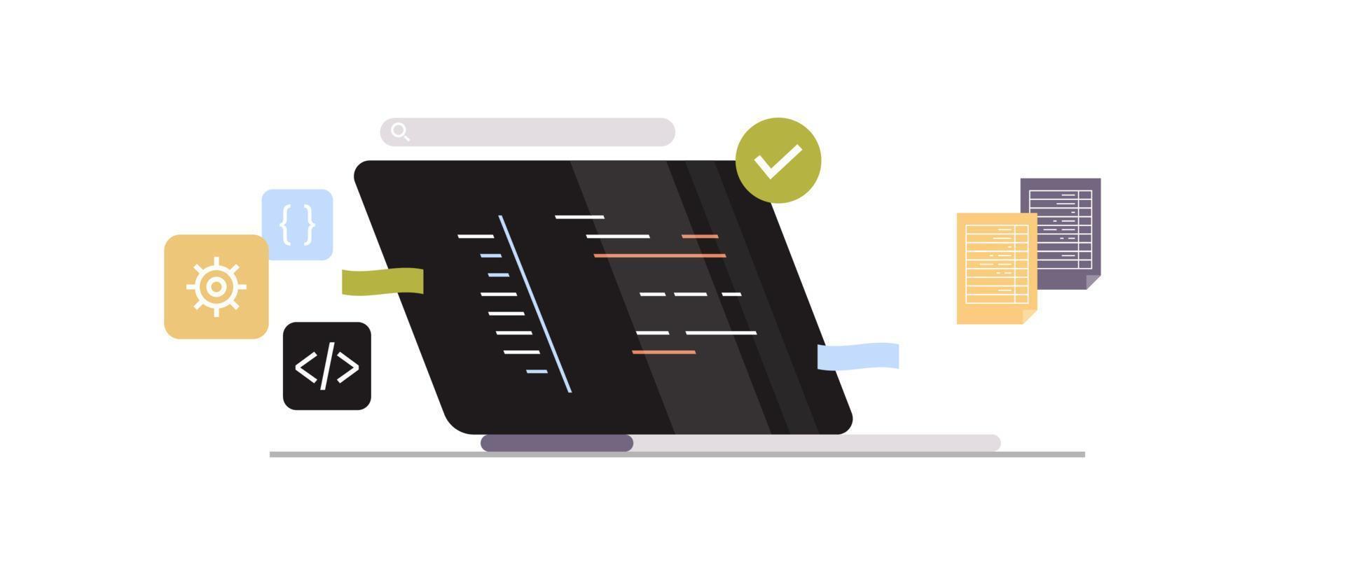 Developing new software on laptop and freelance developer programming, coding, development process concept flat vector illustration.