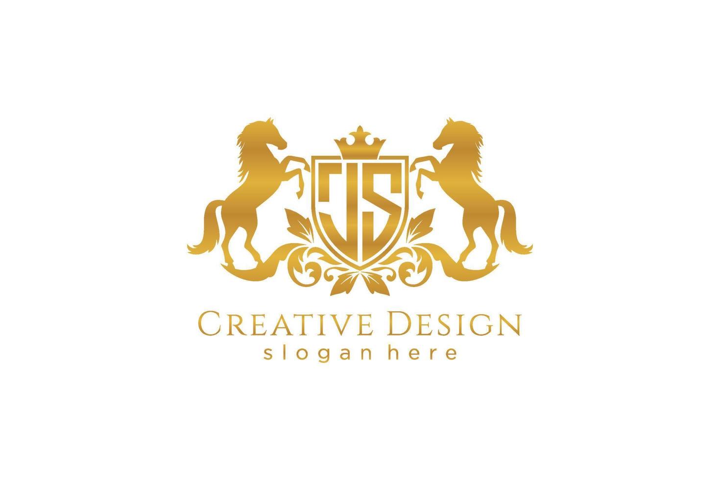 cresta dorada retro js inicial con escudo y dos caballos, plantilla de insignia con pergaminos y corona real - perfecto para proyectos de marca de lujo vector