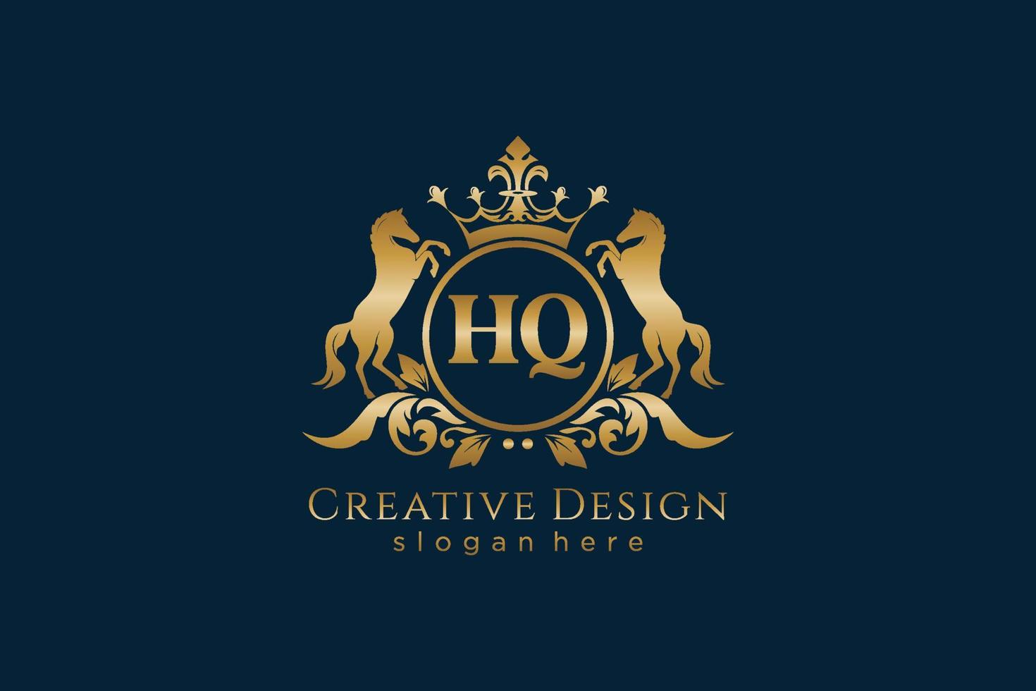 initial HQ Retro golden crest with circle and two horses, badge template with scrolls and royal crown - perfect for luxurious branding projects vector