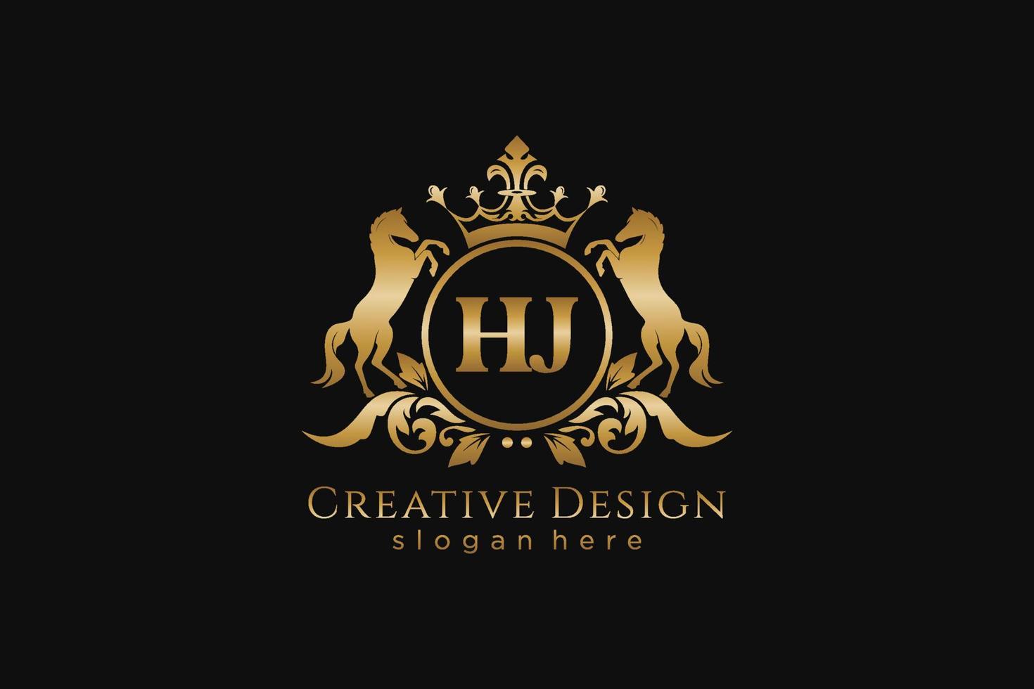 initial HJ Retro golden crest with circle and two horses, badge template with scrolls and royal crown - perfect for luxurious branding projects vector