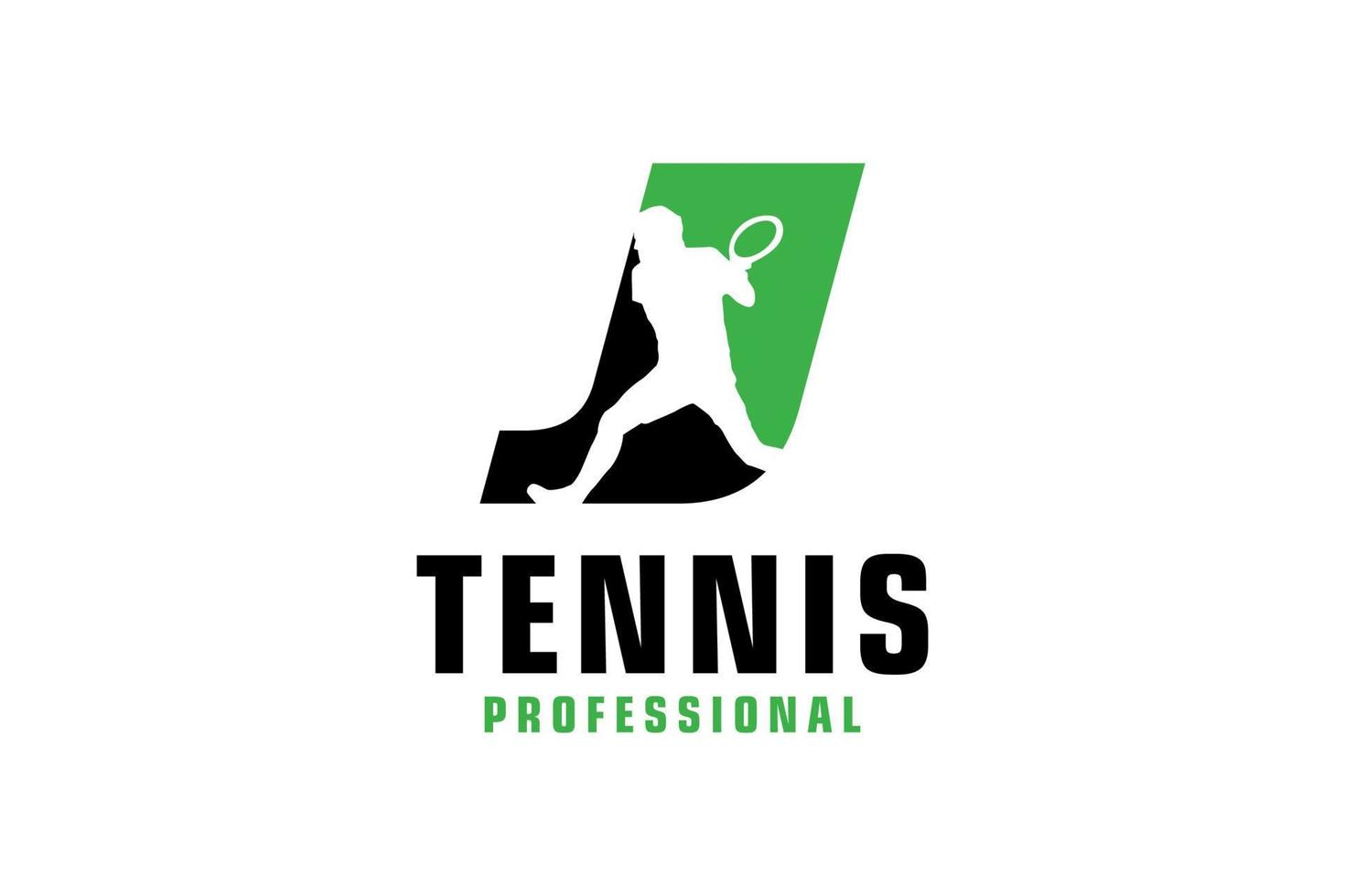 letra j con diseño de logotipo de silueta de jugador de tenis. elementos de plantilla de diseño vectorial para equipo deportivo o identidad corporativa. vector