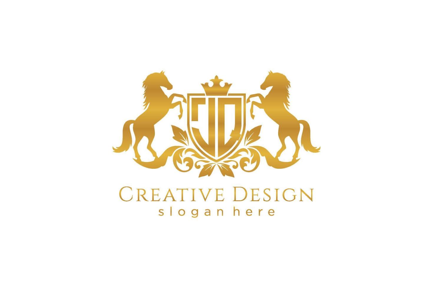 initial JQ Retro golden crest with shield and two horses, badge template with scrolls and royal crown - perfect for luxurious branding projects vector