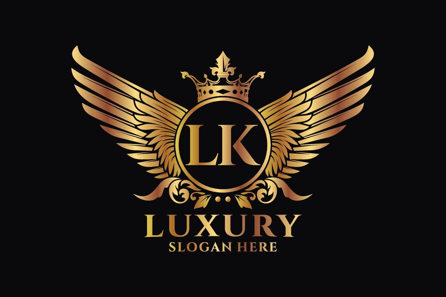 Luxury royal wing Letter LK crest Gold color Logo vector, Victory logo, crest logo, wing logo, vector logo template.