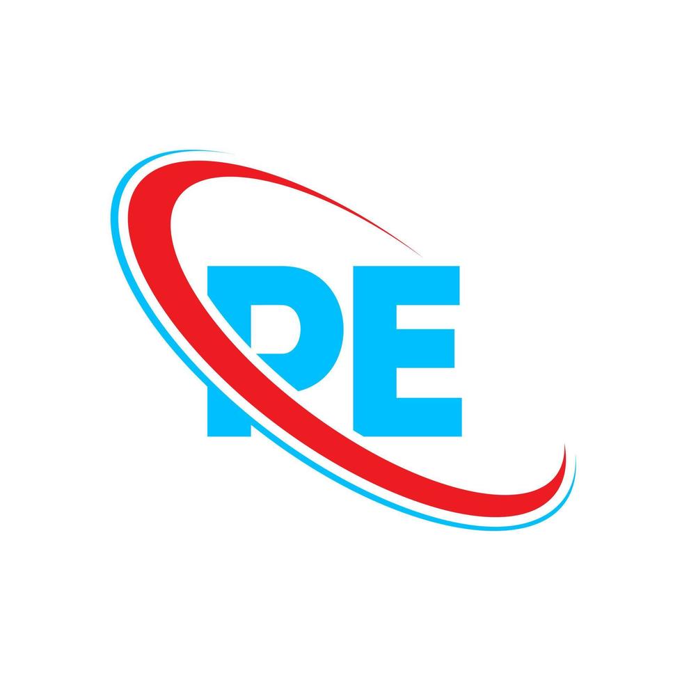 PE logo. PE design. Blue and red PE letter. PE letter logo design. Initial letter PE linked circle uppercase monogram logo. vector