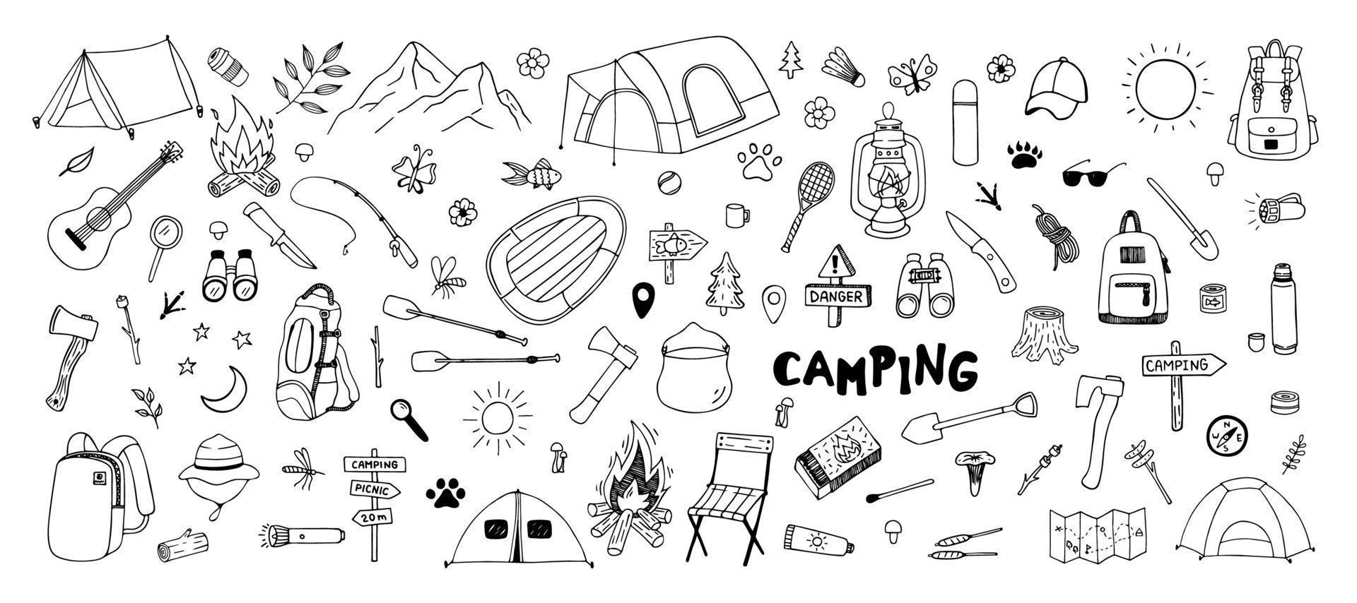 gran juego de camping dibujado a mano. imágenes prediseñadas de garabatos vectoriales. diseño de viaje vector