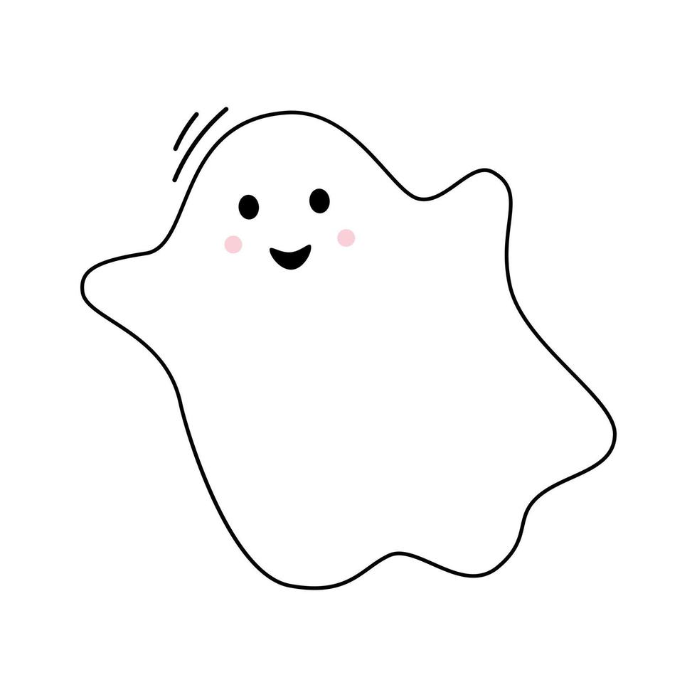 Vector with cute smiling ghost. Happy flying spirit in flat design. Outline phantom on white background. Doodle ghost. Halloween.