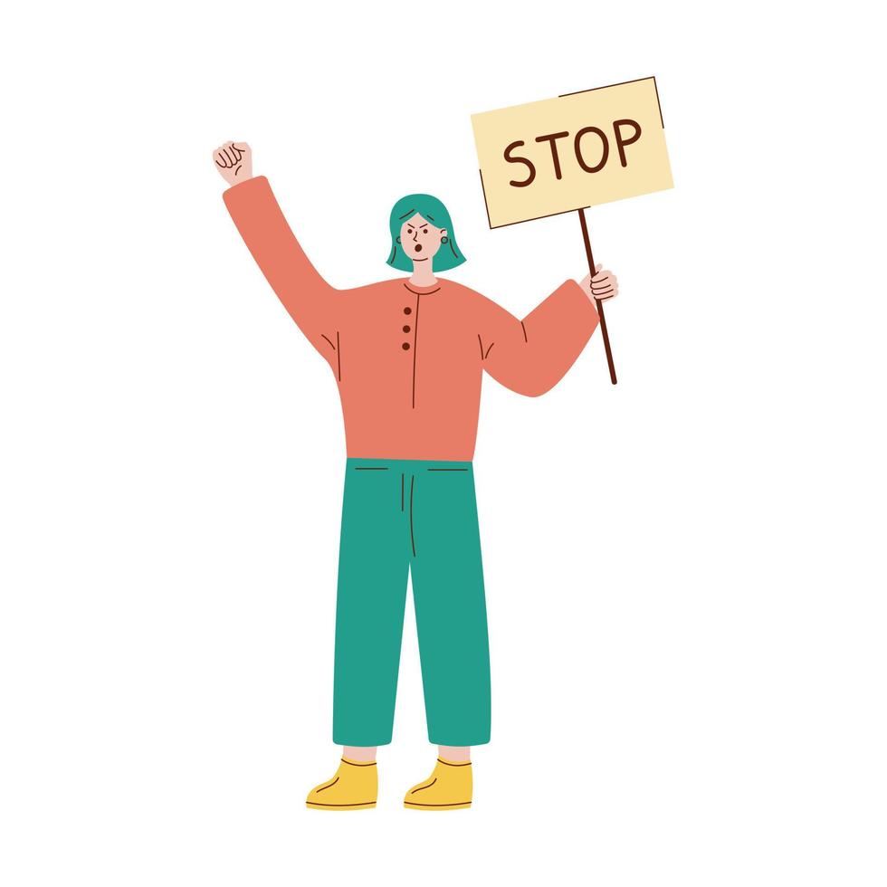 Vector illustration with protesting woman. Girl with placards. Protest. Woman holding a poster.