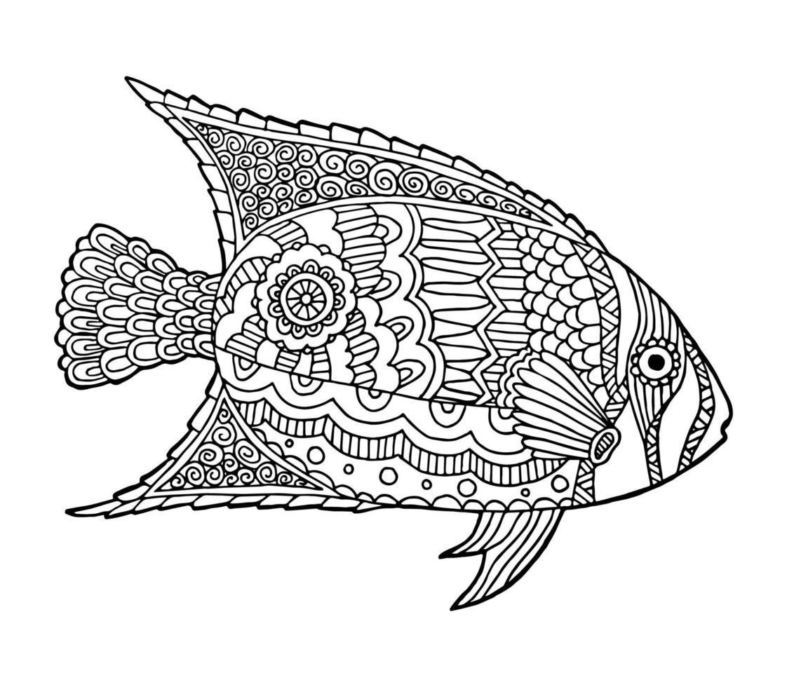 Hand drawn fish coloring zendoodle. Vector black and white ornament.