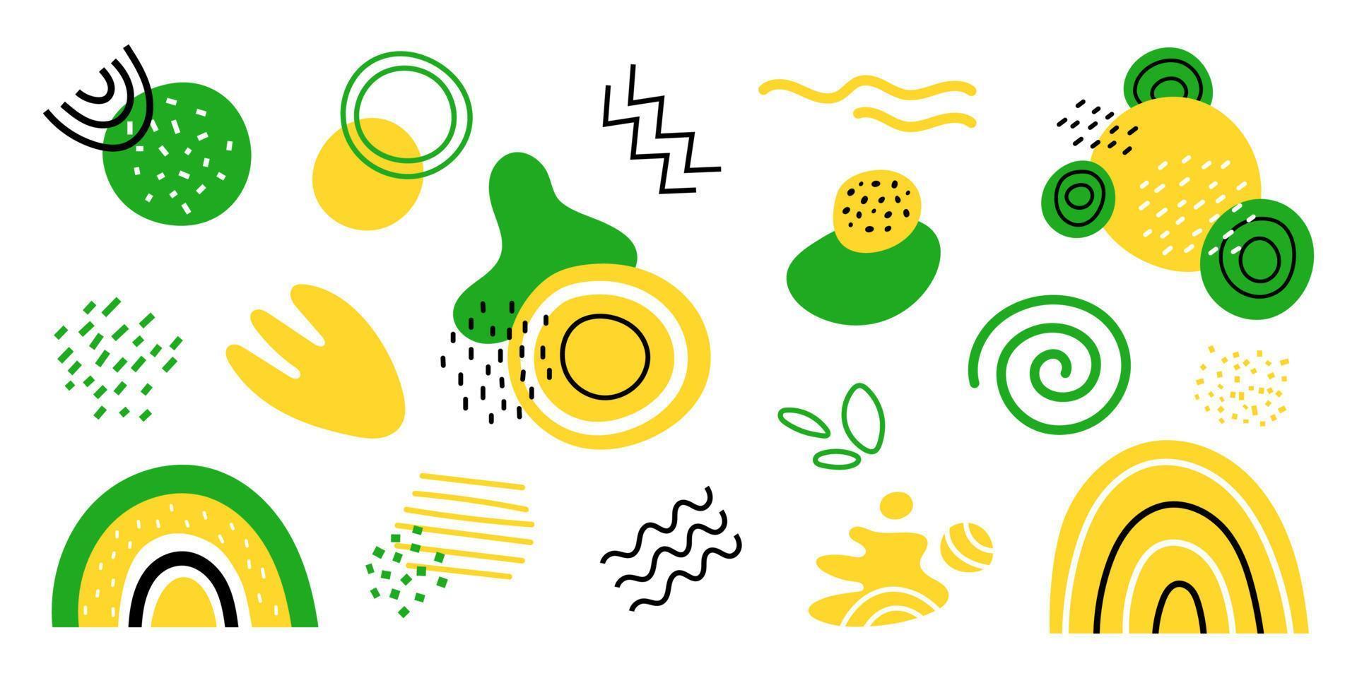 formas abstractas vectoriales. conjunto con formas geométricas y puntos. arcoíris y manchas. líneas, círculos, manchas y zigzags. colección en colores amarillo y verde. vector