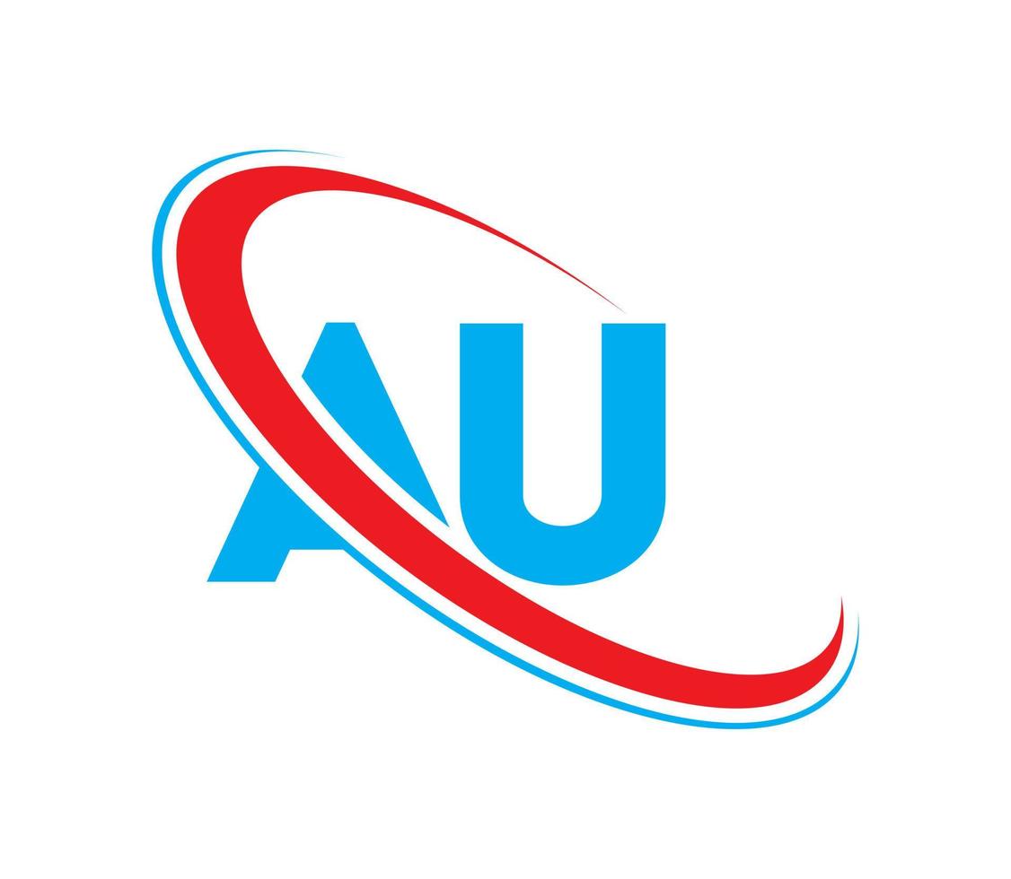 AU logo. AU design. Blue and red AU letter. AU letter logo design. Initial letter AU linked circle uppercase monogram logo. vector