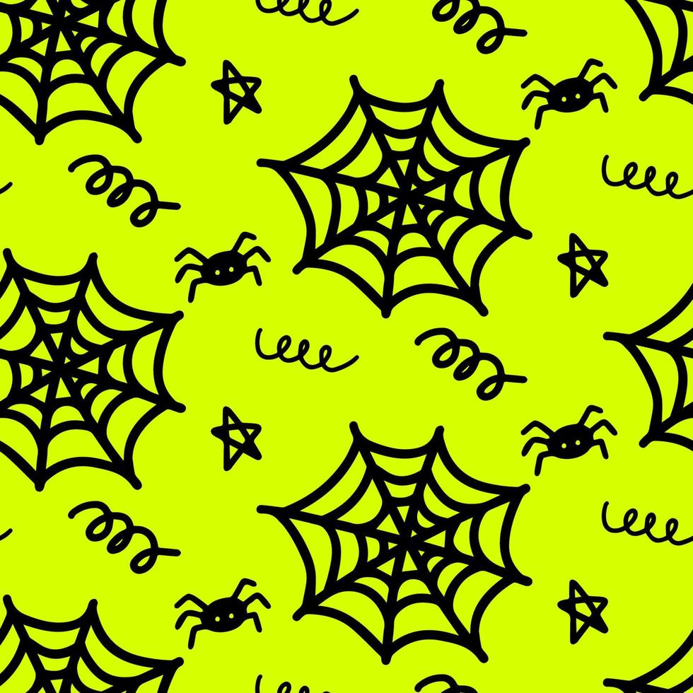 Vector halloween seamless pattern of spider web, spider, curls, stars. Funny and cute illustration for seasonal design, textile, decoration kids playroom or greeting card. Hand drawn prints and doodle