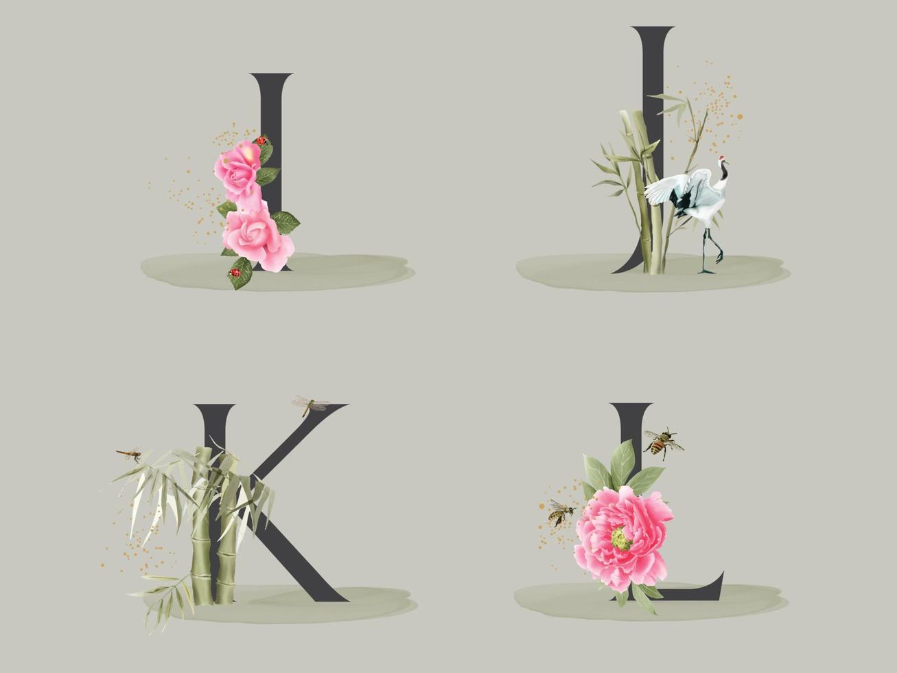 beautiful floral alphabet set with hand drawn flower and leaves vector