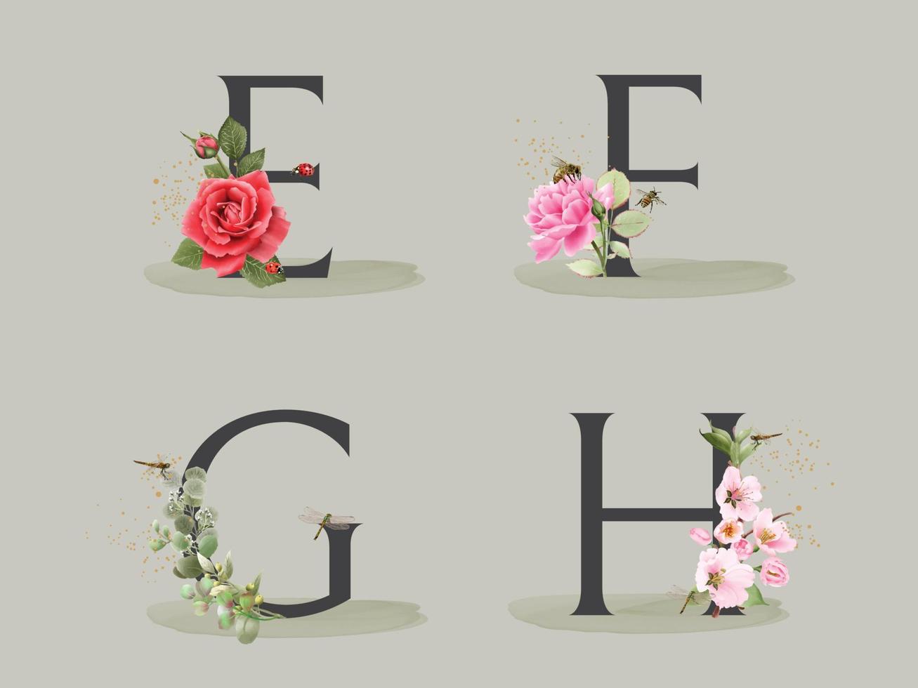 beautiful floral alphabet set with hand drawn flower and leaves vector