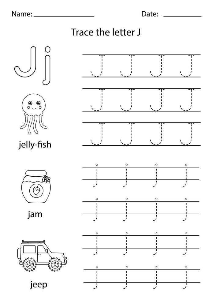 aprender el alfabeto inglés para niños. letra j. vector