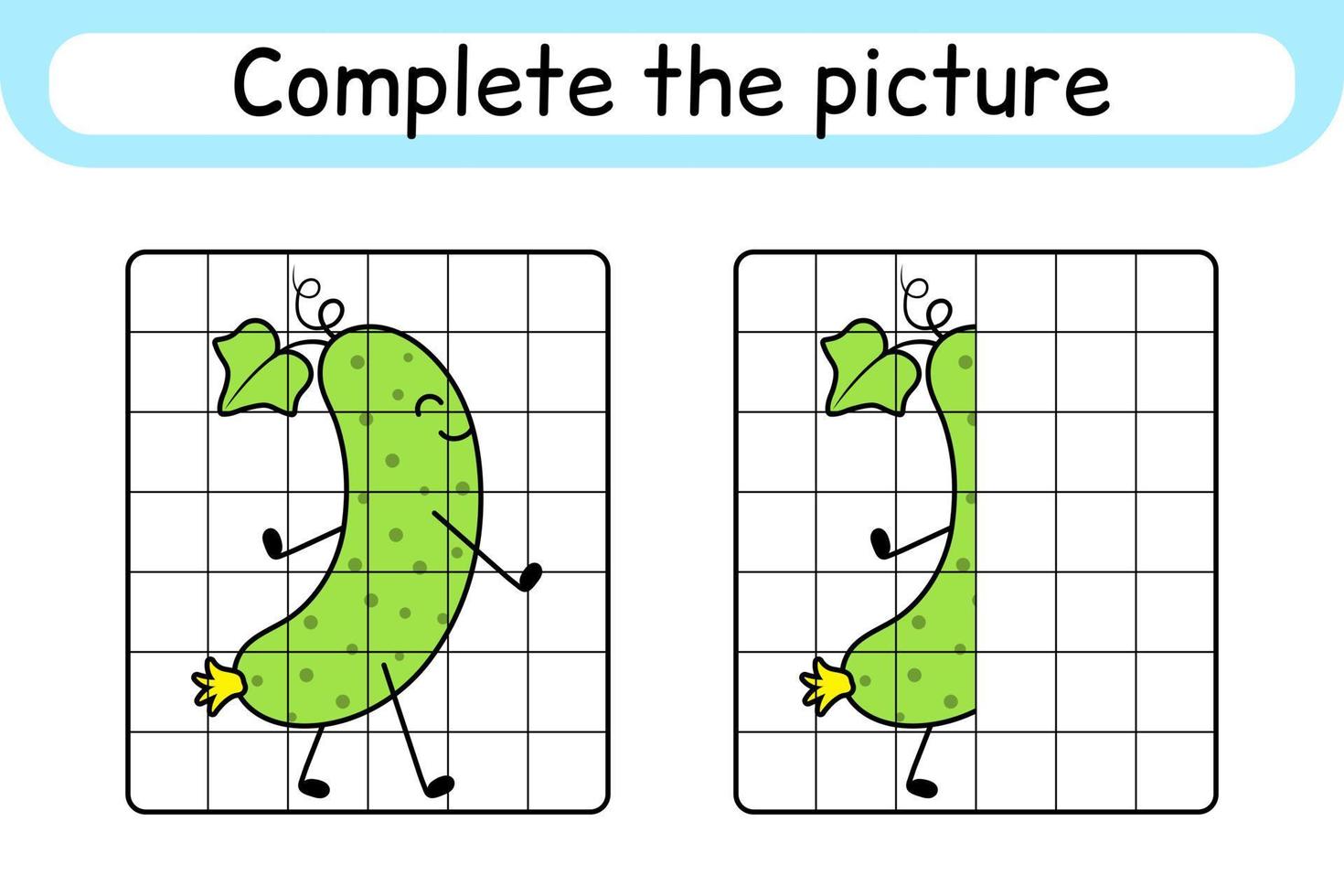 Complete the picture cucumber. Copy the picture and color. Finish the image. Coloring book. Educational drawing exercise game for children vector