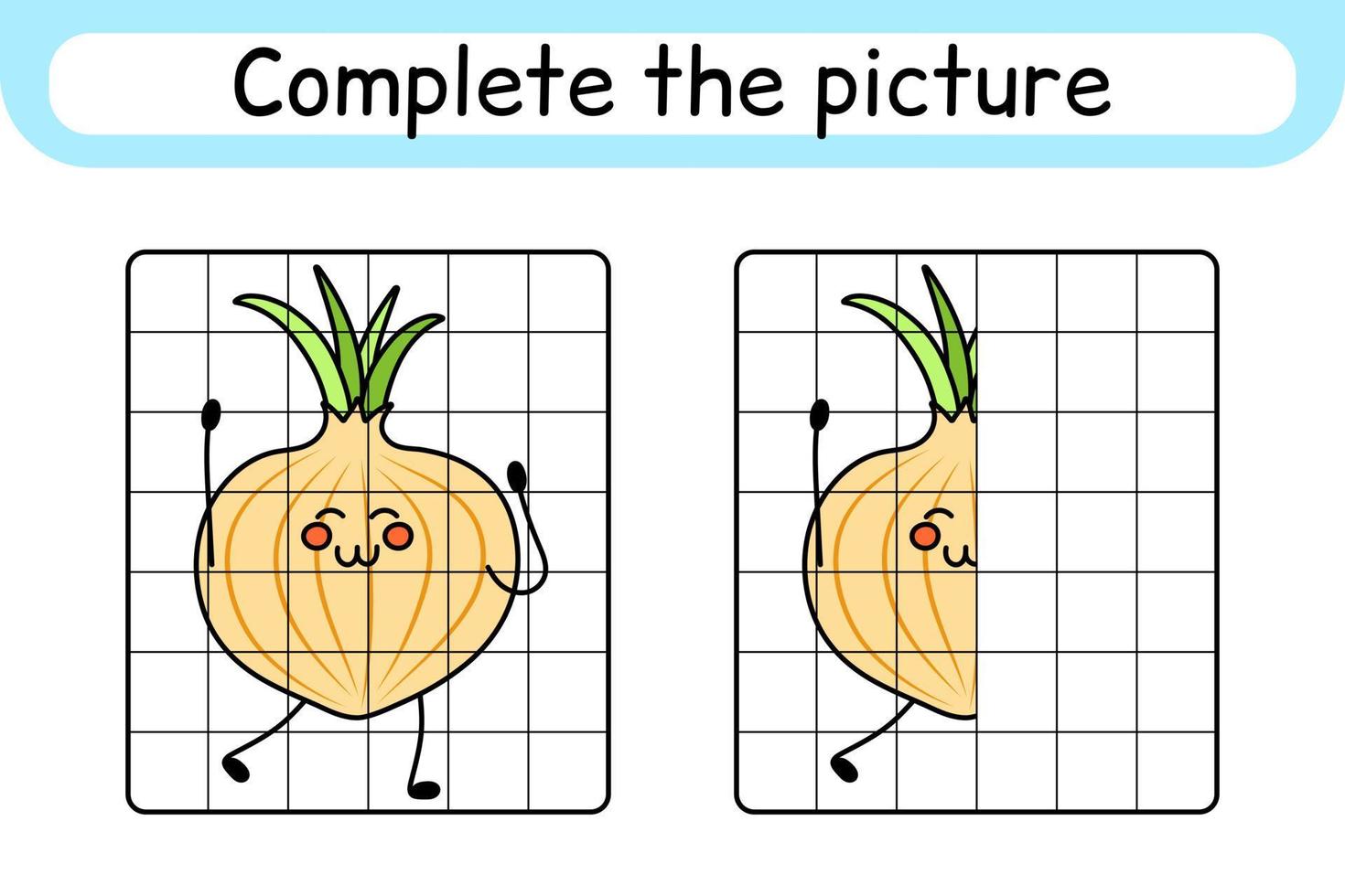 Complete the picture onion. Copy the picture and color. Finish the image. Coloring book. Educational drawing exercise game for children vector