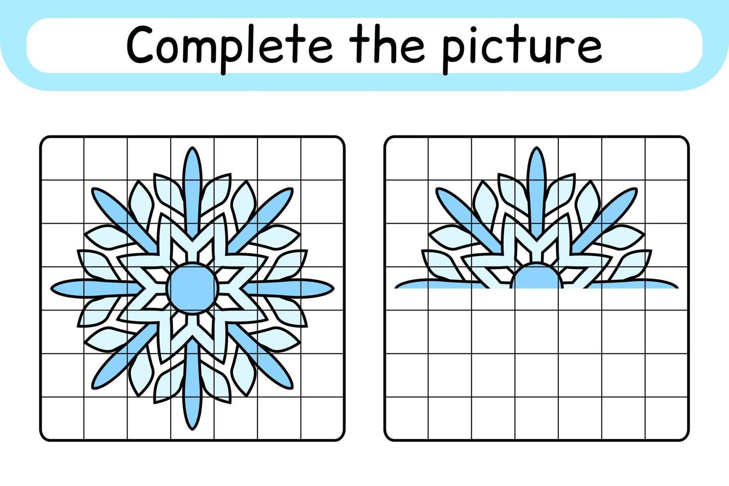 Complete the picture snowflake. Copy the picture and color. Finish the image. Coloring book. Educational drawing exercise game for children vector