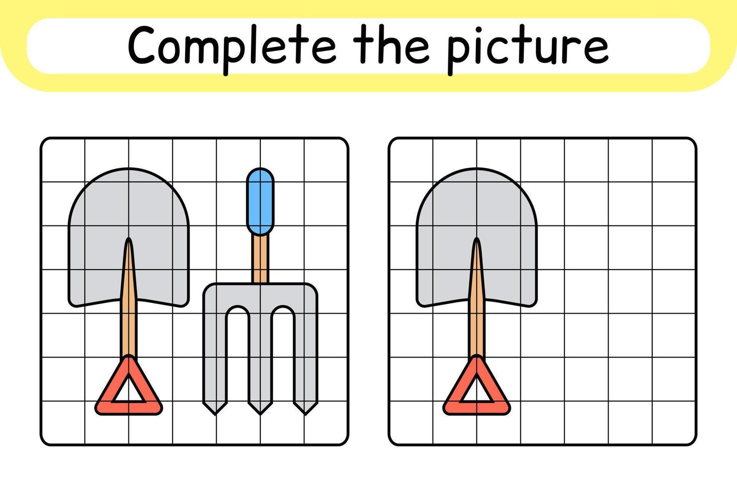 Complete the picture pitchfork and shovel. Copy the picture and color. Finish the image. Coloring book. Educational drawing exercise game for children vector